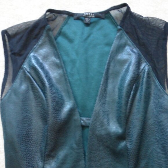 GUESS dark teal low cut peplum top with semi-sheer mesh - Picture 3 of 8